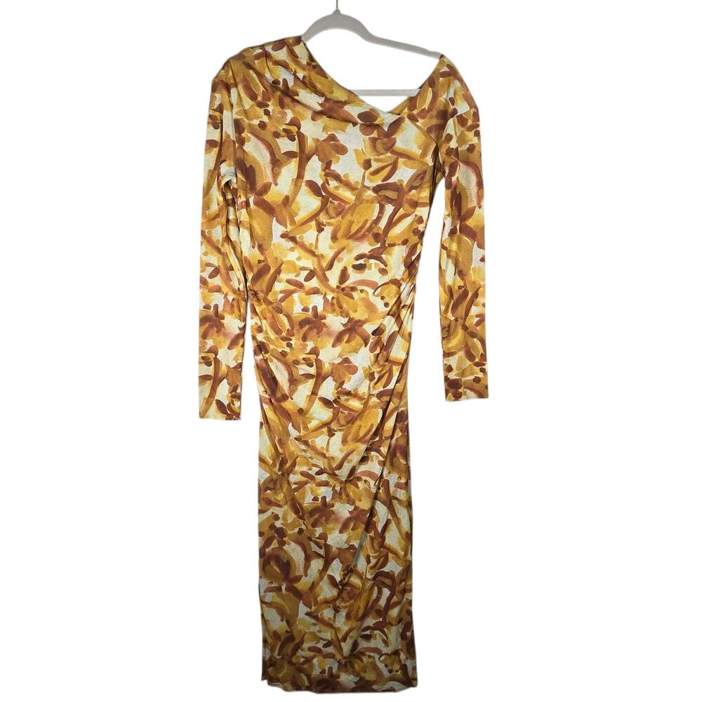 Nanushka Jasno Dress Large Yellow‎ Abstract Crepe Asymmetric Edgy Patterned Midi